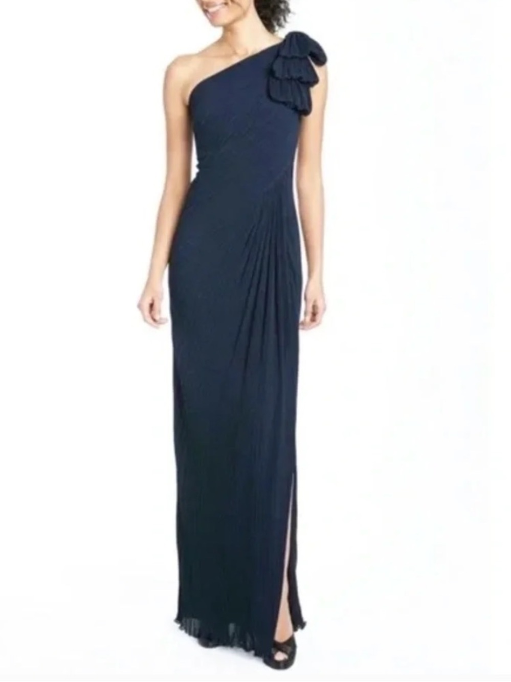 Tadashi Shoji Navy One-Shoulder pleated Evening Gown